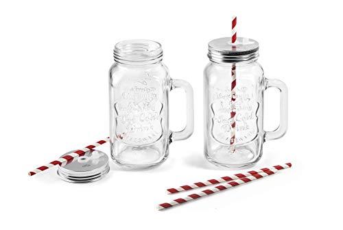 Lacor 69387 - Set de 2 jarras de cristal con tapa de metal y orificio central para pajita