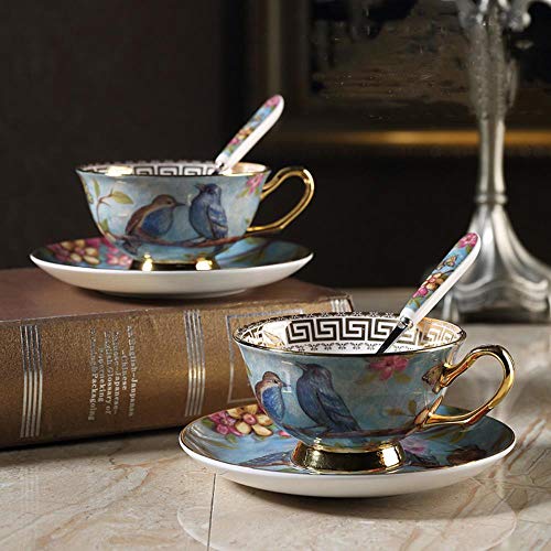 LALY A SHOP 3 Unids/Set   Superior Floral y Huesos de Aves Plato de Taza de Té de Café de China Juegos de Té de Café de Porcelana de Cerámica Chapada en Oro, 02