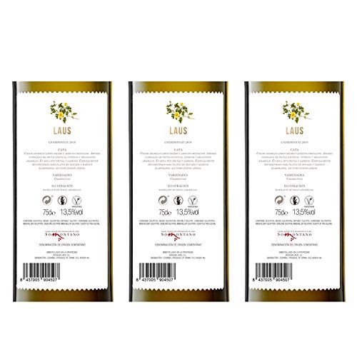 LAUS Chardonnay, Vino Blanco - Añada 2019 - - D.O. Somontano - Paquete de 3 Botellas, 75cl