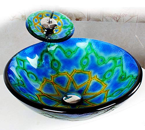 Lavabo De Cocina De Estilo Étnico,Vidrio Templado Estilo Mediterráneo Redondo Lavamanos Arte De Color Fusión En Caliente,Adecuado para El Baño Hotel del Hogar Fregadero