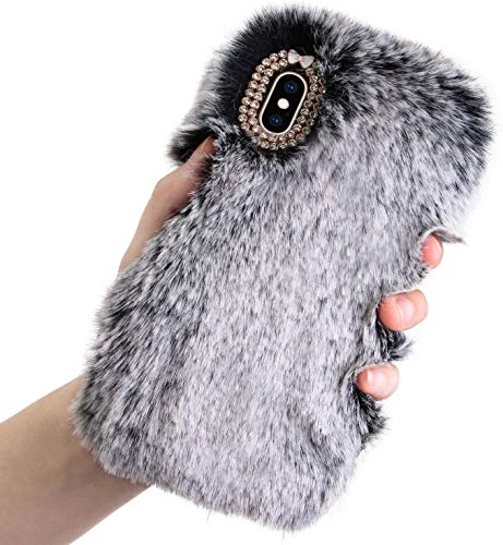 LCHDA Funda de Felpa para Samsung Galaxy A01, Lindo Piel de Conejo Artificial Suave Borroso Peludo Cálido Invierno Pelo Esponjoso Mullido Flexible TPU Anti-caída Carcasa Protectora, Gris