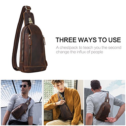 Leathario Bolso Hombro de Pecho Bandolera Cuero Genuino Vintage Grande Shoppers Mochila Cruzada de Viaje Trabajo Casual Crossbody para Hombres Marrón