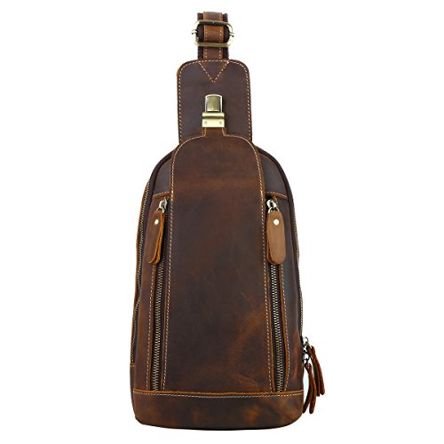 Leathario Bolso Hombro de Pecho Bandolera Cuero Genuino Vintage Grande Shoppers Mochila Cruzada de Viaje Trabajo Casual Crossbody para Hombres Marrón