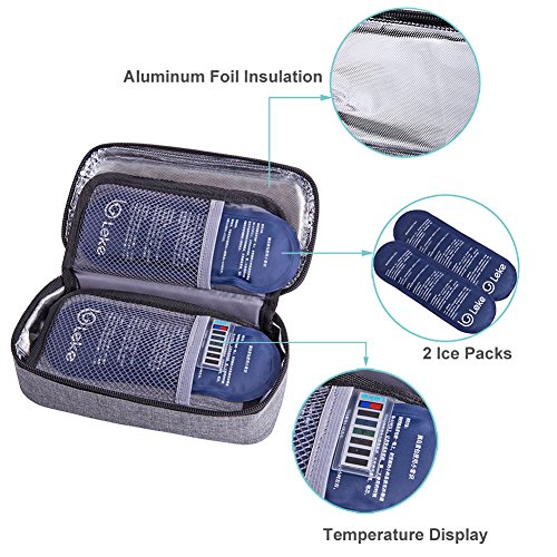 Leke Bolsa diabética Enfriador de insulina Bolsa de jeringas para la diabetes, insulina y medicamentos con 2 Bolsas de hielo, Gris