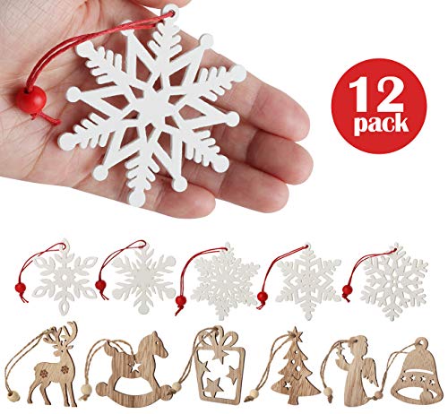 Lemonfilter 12pcs Adornos de Madera Forma Copo de Nieve Decoración Navidad Adorno Colgante para Navidad Hogar Estrellas Navidad árbol de Fiesta decoración