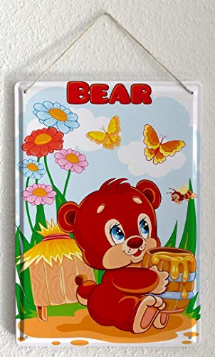 leotie fashion&lifestyle Cartel de chapa Placa metal tin sign dulce osito en la cabina delantera con los ojos grandes bote de miel de historietas de dibujos animados sátira 20x30 cm