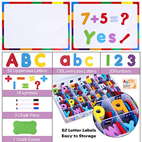 Letras y Números Magnéticos para Niños -222 Letras y 20 Números y 16 Símbolos - Imanes de Nevera Juguetes Educativos para Niños Pequeños - Incluye Cajas, Pizarra Magnética, Rotuladores y Borrador