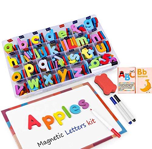 Letras y Números Magnéticos para Niños -222 Letras y 20 Números y 16 Símbolos - Imanes de Nevera Juguetes Educativos para Niños Pequeños - Incluye Cajas, Pizarra Magnética, Rotuladores y Borrador