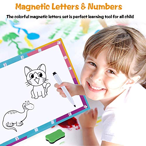 Letras y Números Magnéticos para Niños -222 Letras y 20 Números y 16 Símbolos - Imanes de Nevera Juguetes Educativos para Niños Pequeños - Incluye Cajas, Pizarra Magnética, Rotuladores y Borrador