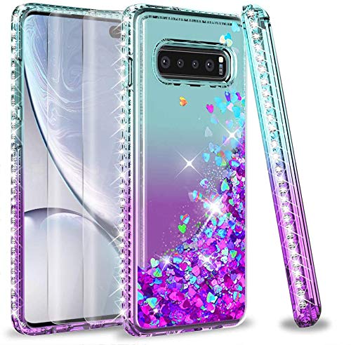 LeYi Funda Samsung Galaxy S10 Plus Silicona Purpurina Carcasa con [2-Unidades Cristal Vidrio Templado],Transparente Cristal Bumper Gel TPU Fundas Case Cover para Movil Galaxy S10 Plus Púrpura/Azul