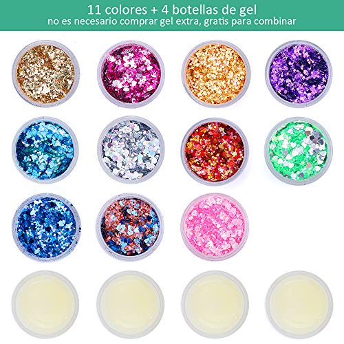 Lictin Purpurina para Cara Cuerpo Pelo Rostro Uñas Mejilla Paillette Maquillaje Brillantes Corazones Estrellas 11 colores para vacaciones