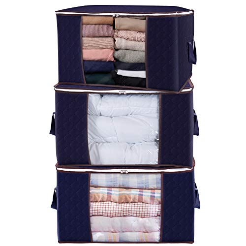 Lifewit Bolsa de Almacenamiento de Ropa de Gran Capacidad con Asa Reforzada y Tela Actualizada para Edredones, Mantas, Organizador de Transpirable con Cremallera Robusta, Azul Oscuro, 3 Paquetes