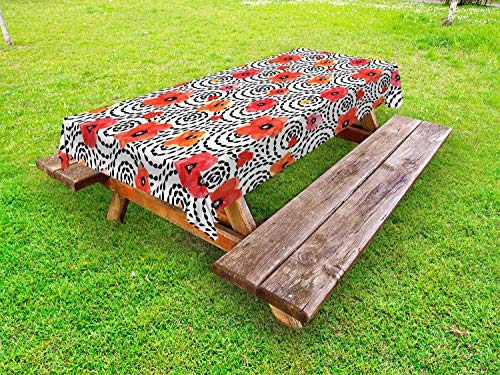 LIS HOME Mantel de Amapola al Aire Libre, tiernos pétalos de Amapola de Acuarela sobre Fondo Negro con Manchas de Espiral Impresas, Mantel de Picnic Lavable Decorativo, bermellón Negro y Rosa