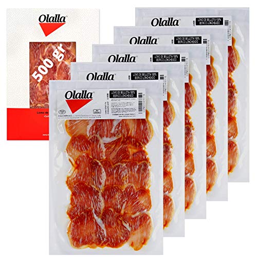 Lomo Iberico de Bellota Loncheado - 5 Sobres de 100 gr Cortado a Mano y Envasado al Vacío de Lomo Iberico de Bellota - Embutidos Ibericos de Bellota Pata Negra - DELICIOSO - 500 gr