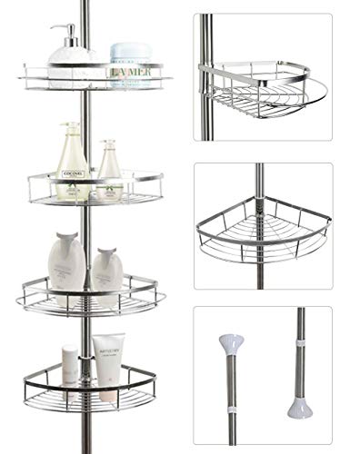 Lonior Estantería de Baño Estantería de Esquina Telescópica Acero inoxidable Estantería de Ducha para Baño y Cocina Altura Ajustables 110-280cm con 4 Cestos y 2 Toallero