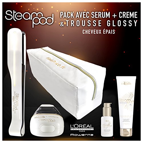 L'Oreal - Pack de plancha de vapor para el pelo Steampod 2.0 con sérum, loción alisadora para cabello grueso y neceser de almacenamiento