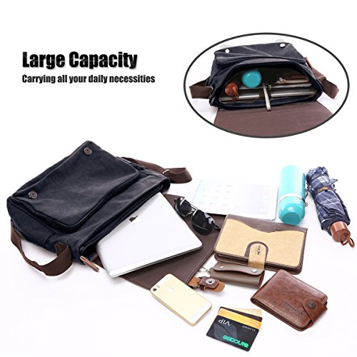 LOSMILE Hombres Lona Bolso de Bandolera La Bolsa de Mensajero Bolsa de Lona Bolsa de Hombro 16 Pulgadas Bolsa de Ordenador. (Negro)