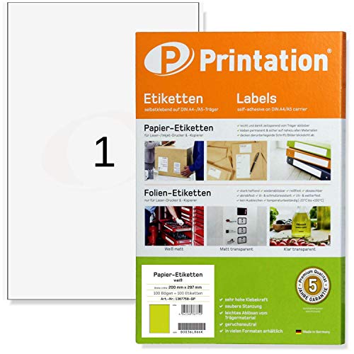 Lot de 100 étiquettes 200 x 297 mm (dIN a4)-autocollantes-blanc - 100 feuilles a4 1 x 1 200 x 297 3418 -
