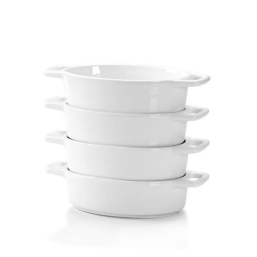 LOVECASA Fuente para Horno Pastelería, Juego de 4 piezas 170ML Mini Moldes para hornear de Porcelana Esmaltados para Tartas, Postre, Lasaña, Pastel, Soufflé 16CM, Ovalada