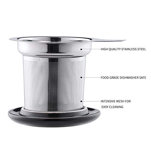 LOVECASA Tazas de Té con Tapa y Filtro Acero inoxidable 450 ML, Taza Tisana de Porcelana Negra