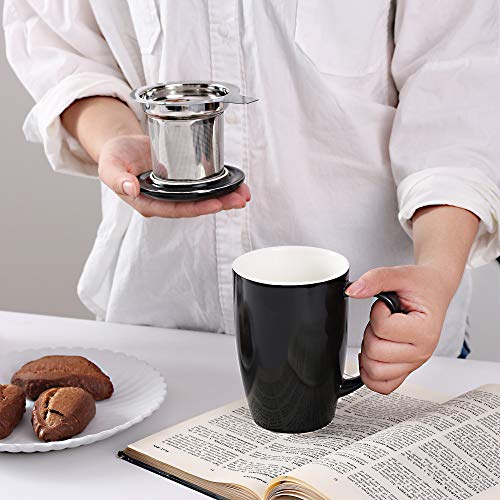 LOVECASA Tazas de Té con Tapa y Filtro Acero inoxidable 450 ML, Taza Tisana de Porcelana Negra
