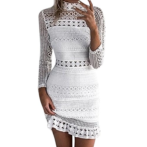 LuckyGirls Vestido de Fiesta Mujer Sexy Manga Larga Verano Encaje Heuco Blanco Vestido de Noche Casual Playa Falda (M, Blanco)