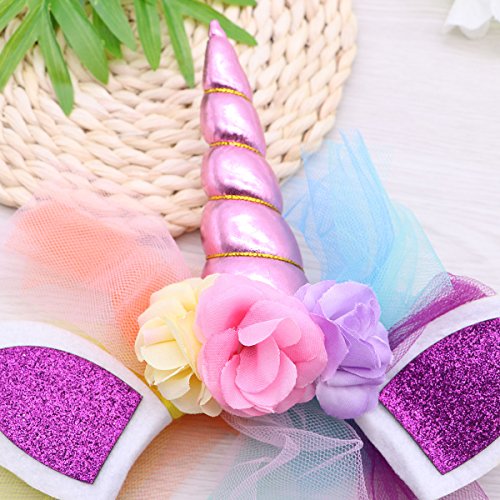 LUOEM Diadema cuerno de unicornio niñas Diadema unicornio diadema Cumpleaños Flor colorida Hheadwear para niños Adultos disfraces cosplay o decoración de fiesta de cumpleaños (rosa)