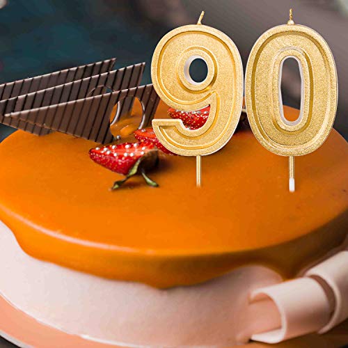 LUTER 7cm Oro Brillo Feliz Cumpleaños Velas De Pastel Velas De Número Vela De Cumpleaños Decoración De Adorno De Pastel para Fiestas Niños Adultos (Número 90)