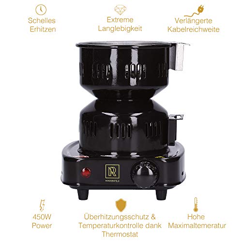 M. ROSENFELD Hornillo Eléctrico Cachimba Shisha – Cocina Hornillo Electrico con Rejilla – Fire Tower 3.0 – Encendedor Carbon Shisha Bajo Consumo– (Hornillo Cachimba Hookah Shisha 450 W Negro) (Negro)