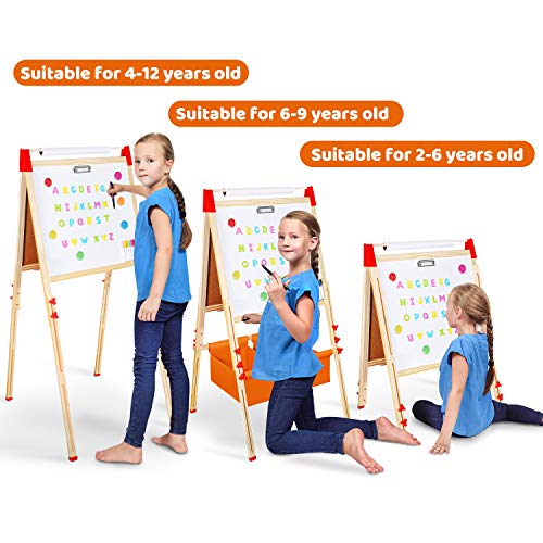 Magicfun Caballete Pintura Niños, 2 en 1 Pizarra de Madera, Pizarra Blanca Magnética con Letras, Números, Tizas, Rotuladores y Muchos Accesorios, Juguete Educativo Regalo Niños 3 a 8 Años