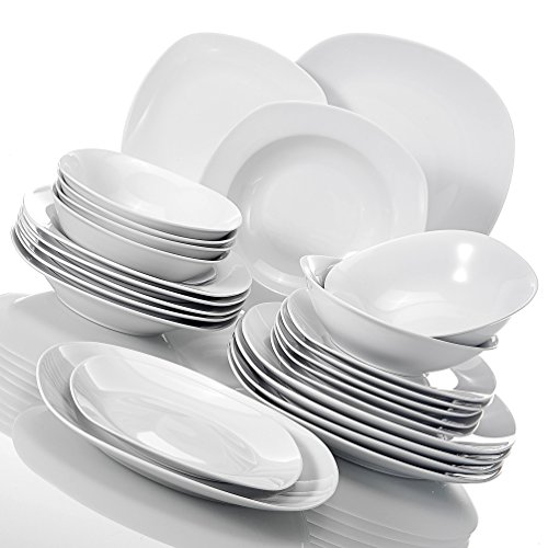 MALACASA, serie Elisa, 24 piezas Juegos de Vajilla de Porcelana, 6 Platos planos, 6 Platos de postre, 6 platos de Sopa, 6 cuencos de creales vajilla para 6 personas
