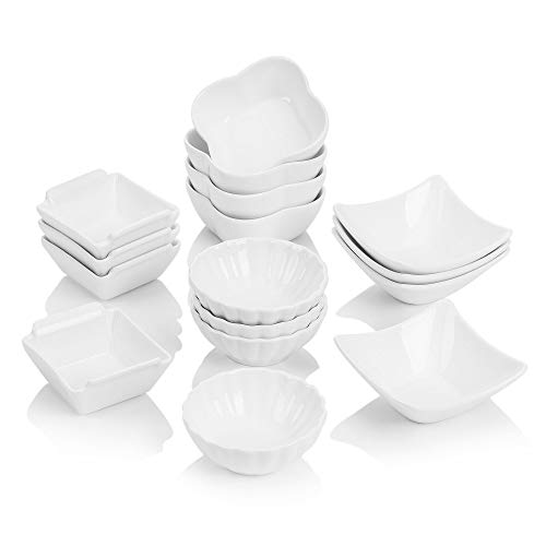 MALACASA Serie Ramekin.dish Juego de 16 Cuencos de Aperitivo 3" y 2.5", Blanco Marfil, Cuencos de Postre, Salsa, Snack, Porcelana