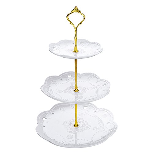 MALACASA serie Sweet.Time, Bandejas para Tartas, Vajilla de Porcelana 3 Capas de Placas, (6" 8" 10") El Colgante de Oro para Postres, Frutas, Magdalenas，Color Blanco