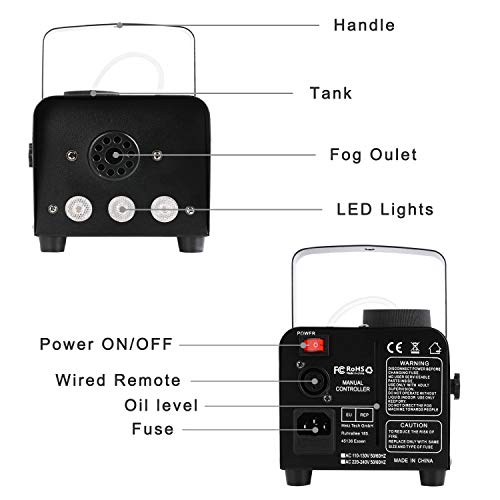Máquina de Humo, Miric 500W Máquina de Niebla con Cable Remoto y Control Remoto Inalámbrico, Máquina de Humo con 3 Luces de Colores para Halloween, Navidad, Bodas, Fiestas y Festivales, Negro