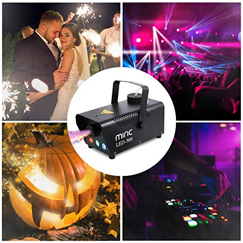 Máquina de Humo, Miric 500W Máquina de Niebla con Cable Remoto y Control Remoto Inalámbrico, Máquina de Humo con 3 Luces de Colores para Halloween, Navidad, Bodas, Fiestas y Festivales, Negro