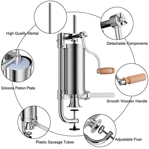 Máquina Salchichas de Acero Inoxidable - Práctica Máquina para Hacer Embutidos de Carne con Soporte Fijo y 4 Tubos de Rellenador - Capacidad 5.0 LB