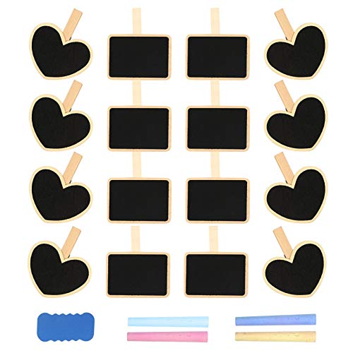 Matogle Mini Pizarras Decorativas 8 psc Etiqueta de Pizarra de Madera Rectangular con 8 pcs Pizarras Pequeñas en Forma de Corazón para Decoración Boda Nombre Mensajes Pinza Clip de Pizarra Negra