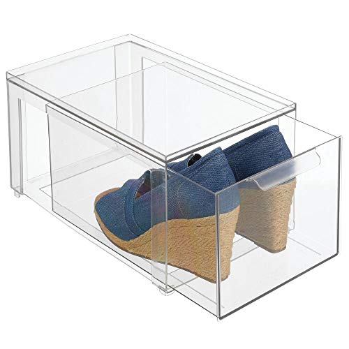 mDesign Caja de plástico transparente – Organizador de armarios apilable y rígido con cajón extraíble – Caja para guardar zapatos, accesorios y otros objetos – transparente