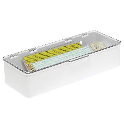 mDesign Cajón de plástico sin BPA – Caja con tapa de diseño apilable, ideal para organizar la cocina, la habitación infantil o el baño – Cajas de ordenación multiusos – blanco y transparente