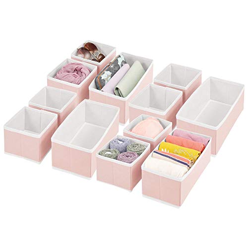 mDesign Juego de 12 Cajas organizadoras – Cestas de Tela de Diferentes tamaños para cajones – Organizadores para armarios para Guardar Calcetines, Ropa Interior y más – Rosa/Blanco