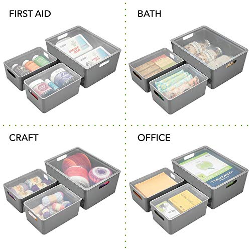 mDesign Juego de 3 cajas de almacenaje con tapa – Cajones plásticos apilables para cocina, armario, pasillo o dormitorio – Contenedores de plástico para uso doméstico – gris oscuro y transparente