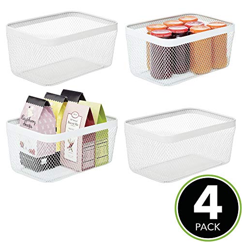 mDesign Juego de 4 cajas multiusos de metal de 30,5 cm x 22,9 cm x 15,2 cm – Organizador de cocina, despensa, baño y más – Cesta de almacenaje de alambre, compacta y universal – blanco