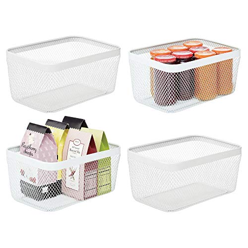 mDesign Juego de 4 cajas multiusos de metal de 30,5 cm x 22,9 cm x 15,2 cm – Organizador de cocina, despensa, baño y más – Cesta de almacenaje de alambre, compacta y universal – blanco
