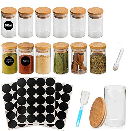 MEckily - Juego de 12 tarros herméticos de cristal de borosilicato con tapa, capacidad 300 ml