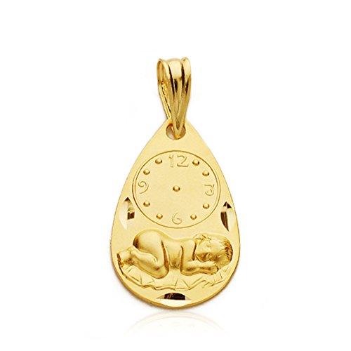 Medalla niño y reloj gota en oro amarillo de 9 ktes. Grabado gratuito, personalizado.