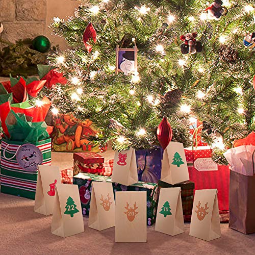 MELLIEX 24 Piezas Bolsa para Calendario de Adviento, Bolsas de Papel Kraft Bolsa De Regalo Navidad con 24 Pegatinas de Fieltro, Bricolaje Calendario Adviento Decoración Navideña para el Hogar