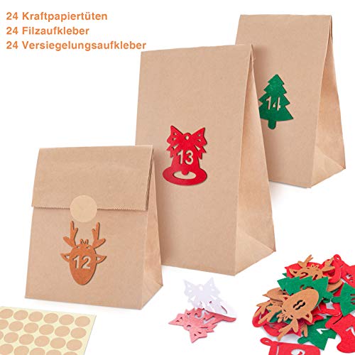 MELLIEX 24 Piezas Bolsa para Calendario de Adviento, Bolsas de Papel Kraft Bolsa De Regalo Navidad con 24 Pegatinas de Fieltro, Bricolaje Calendario Adviento Decoración Navideña para el Hogar