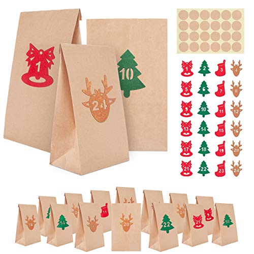 MELLIEX 24 Piezas Bolsa para Calendario de Adviento, Bolsas de Papel Kraft Bolsa De Regalo Navidad con 24 Pegatinas de Fieltro, Bricolaje Calendario Adviento Decoración Navideña para el Hogar