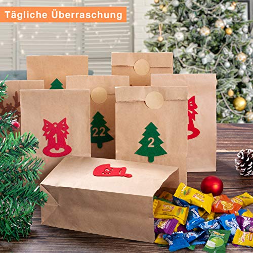 MELLIEX 24 Piezas Bolsa para Calendario de Adviento, Bolsas de Papel Kraft Bolsa De Regalo Navidad con 24 Pegatinas de Fieltro, Bricolaje Calendario Adviento Decoración Navideña para el Hogar