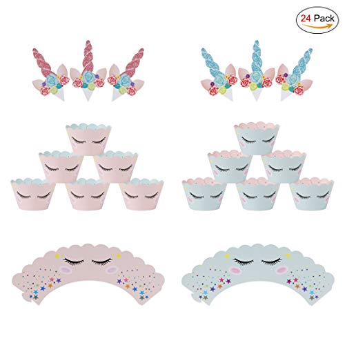 MengH-SHOP Unicorn Cupcake Toppers Magdalenas Decoración y Doble Cara Cupcake Wrappers para Unicornio Fiesta Tarta de Cumpleaños Decoraciones Baby Shower y Boda 24 Piezas